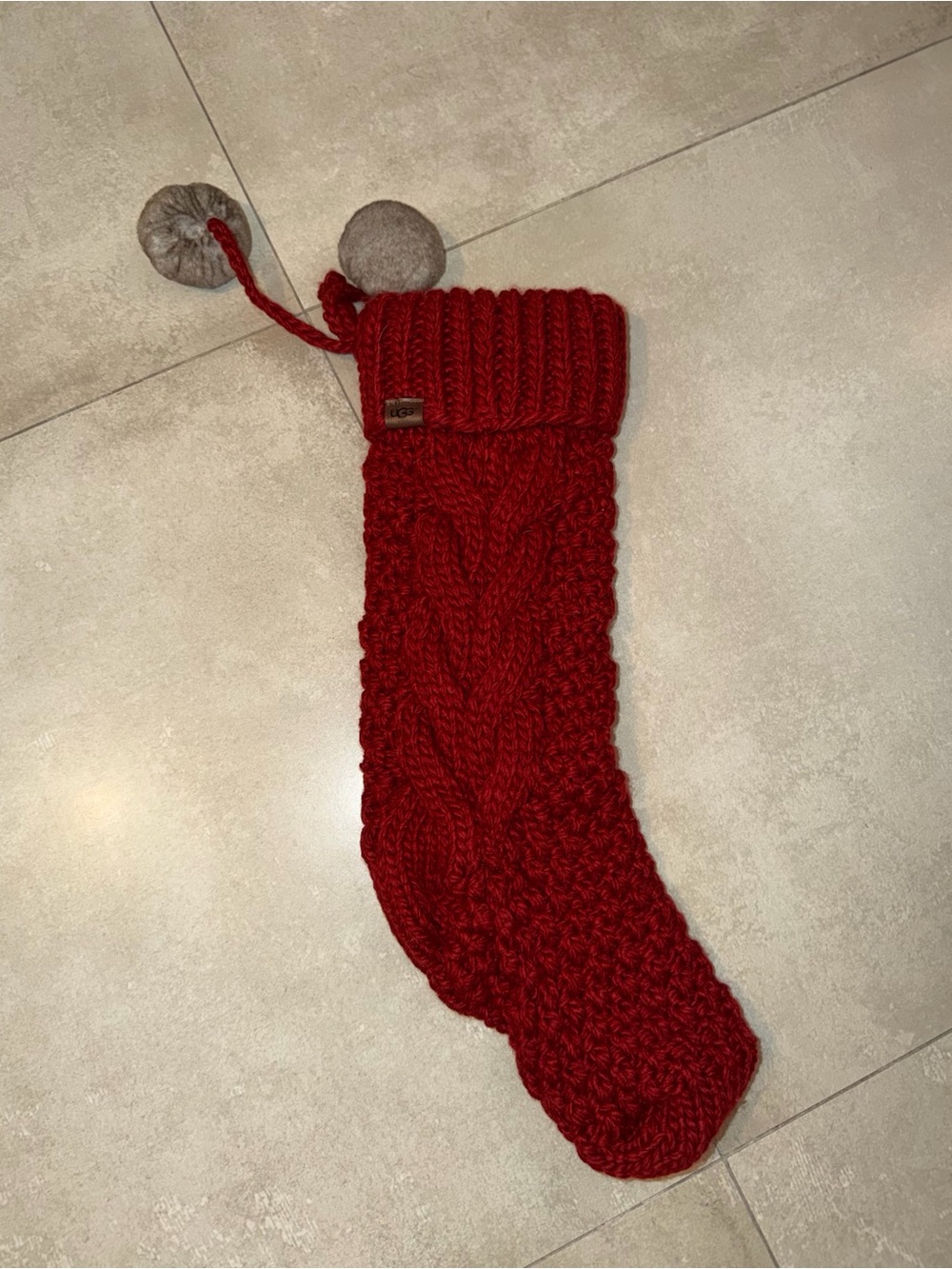 UGG Red Cable Knit Stocking with Pom-Tassels